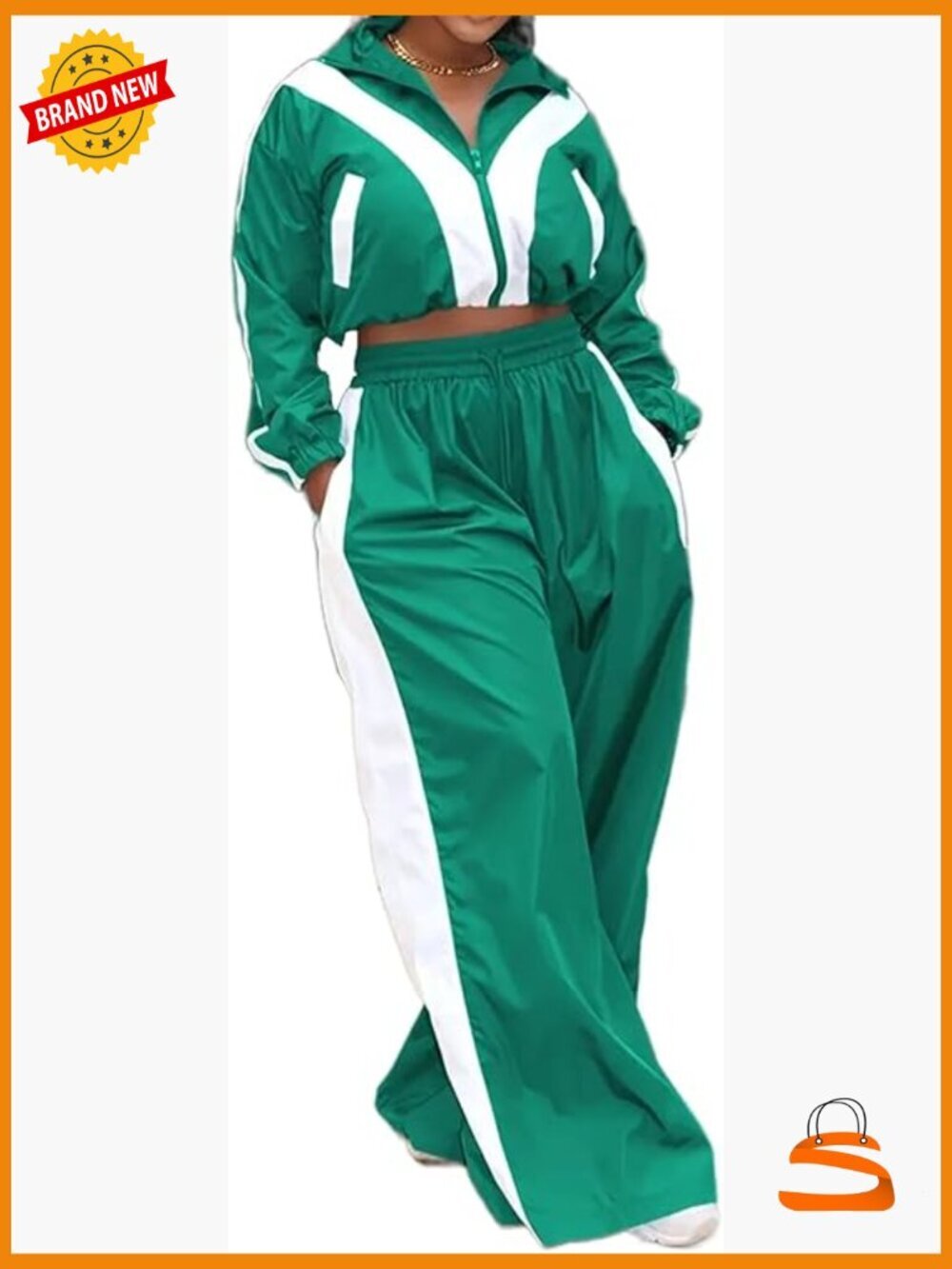 Color Block Two Piece Set - Cropped Jacket & Wide Leg Pants Streetwear Y2K
